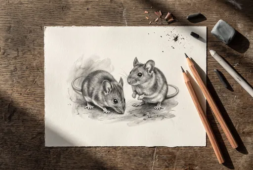 Graphite Sketch of Two Mice on Desk