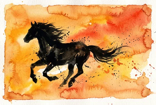 Black Horse Silhouette on Orange Watercolor