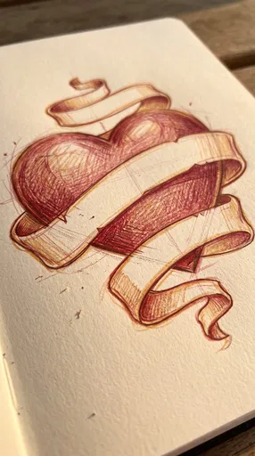 Colored Pencil Heart and Ribbon Sketch