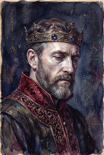 Watercolor Portrait of a Crowned Medieval Nobleman