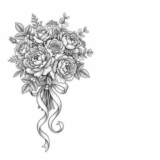 Monochrome Peony and Rose Bouquet Illustration