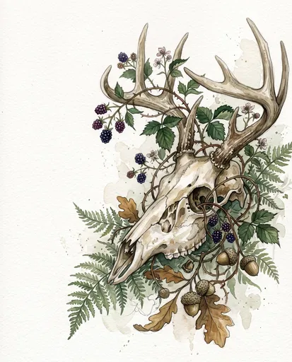 Botanical Watercolor Deer Skull with Brambles