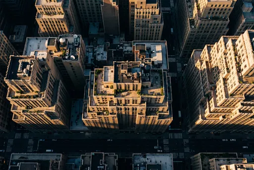 Aerial View of Stepped Manhattan Skyscrapers