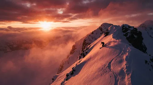 Backcountry Skier on Sunset Mountain Ridge