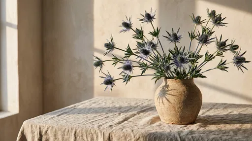 Blue Sea Holly Thistles in Stoneware Vase