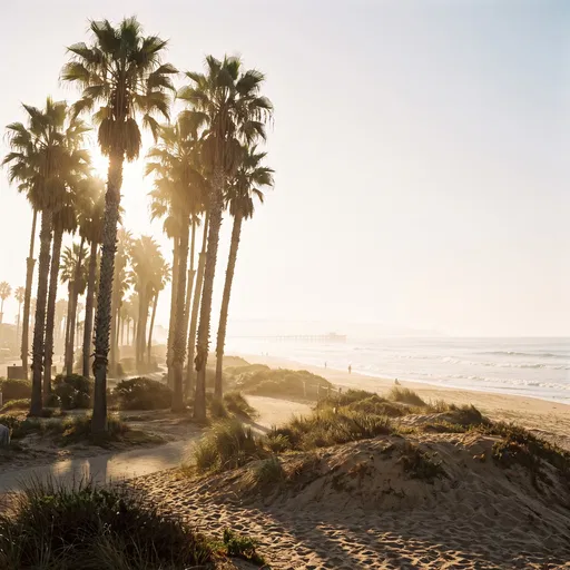 Sunlit Palm Trees Along Coastal Beach Promenade