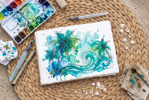 Tropical Watercolor Sketchbook Flat Lay