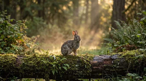 Wild Rabbit on Mossy Forest Log