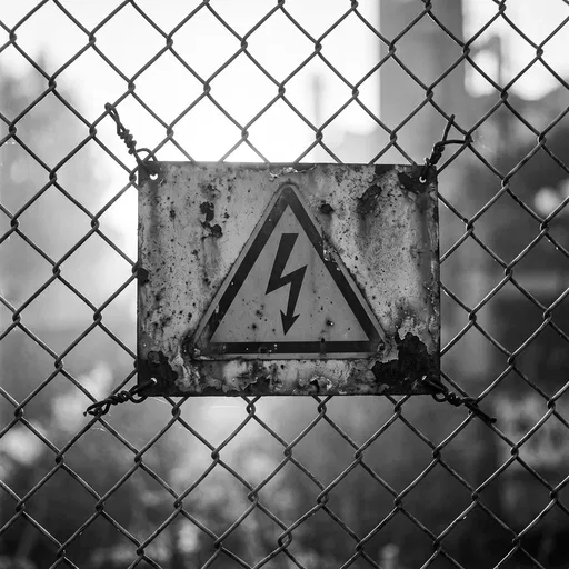Weathered High Voltage Sign on Fence
