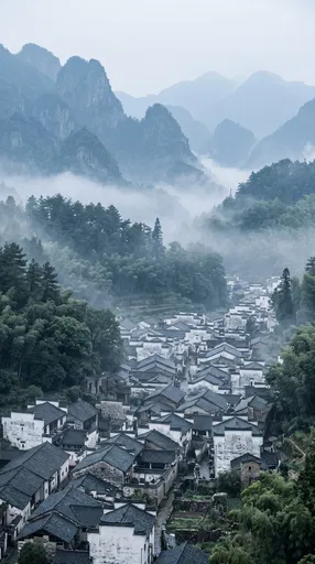Misty Traditional Chinese Mountain Village