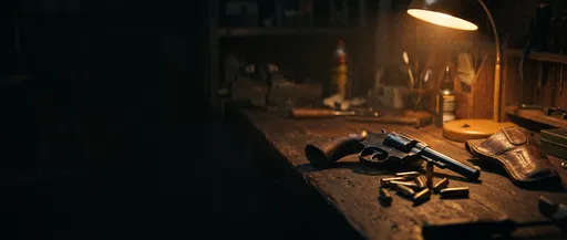 Classic Revolver and Bullets on Workbench
