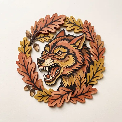 Layered Paper Wolf and Oak Wreath
