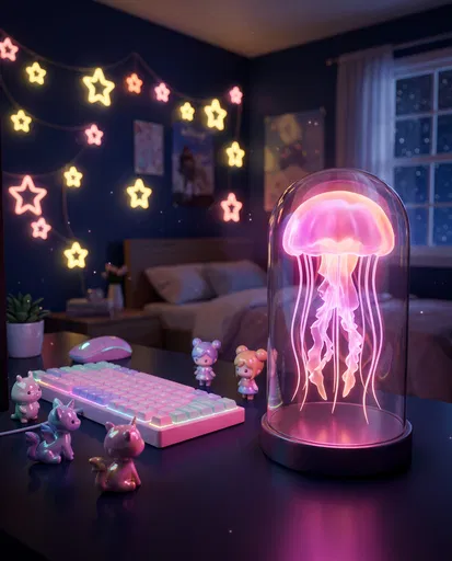 Glowing Pink Jellyfish Lamp in Cozy Bedroom