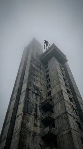 Shadowy Creature On Brutalist Foggy Tower