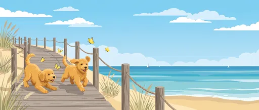 Goldendoodle Puppies Playing on Coastal Boardwalk