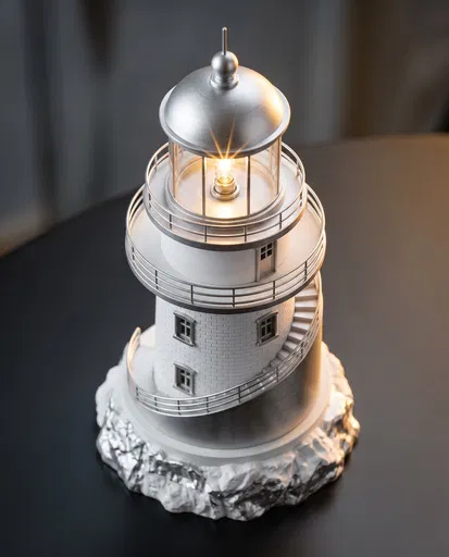 Illuminated White and Silver Miniature Lighthouse