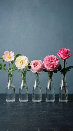 Five Rose Varieties in Glass Vases