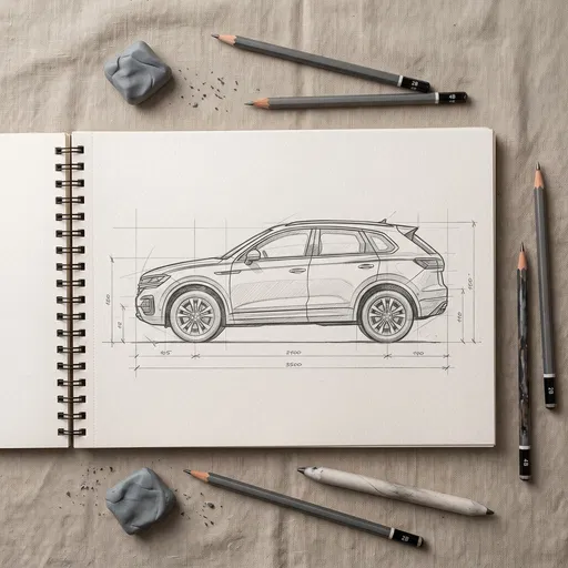 Overhead Sketchbook With SUV Pencil Drawing