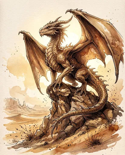 Watercolor and Ink Desert Dragon