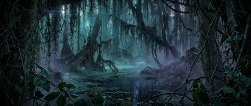 Dark Enchanted Swamp With Glowing Mist
