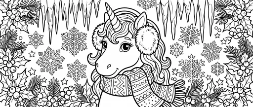 Winter Unicorn Coloring Page Illustration
