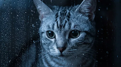 Silver Tabby Cat Behind Rainy Glass