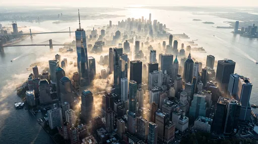 Aerial View of Misty Lower Manhattan