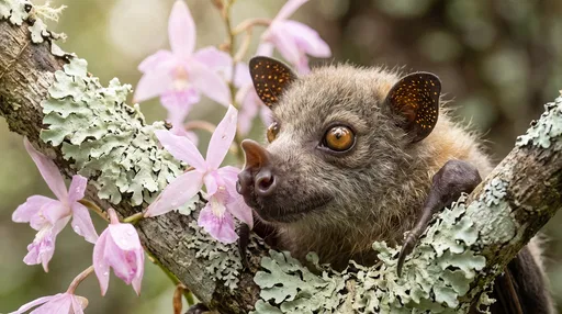 Fruit Bat Resting Among Pink Orchids
