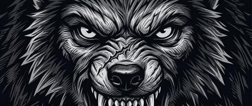 Monochrome Woodcut Snarling Werewolf Close-Up