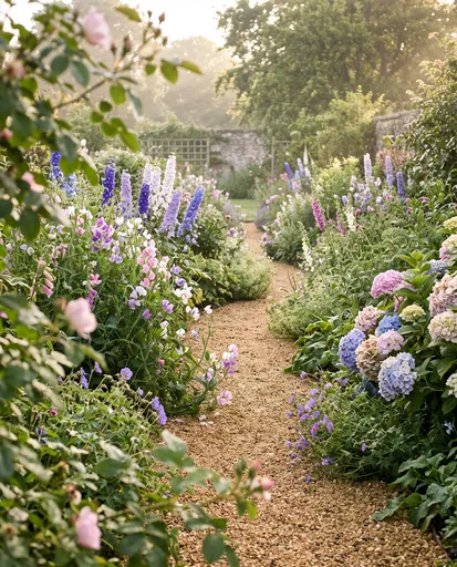 Sunlit English Cottage Garden Pathway