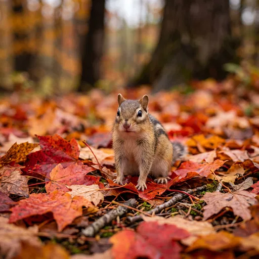 Chipmunk Among Red Autumn Maple Leaves