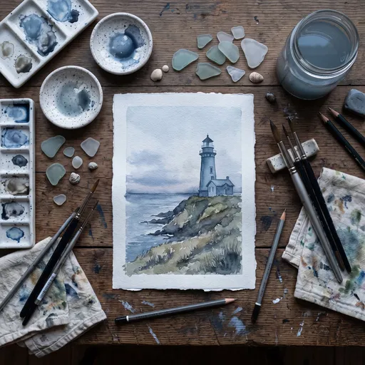 Watercolor Lighthouse Painting Flat Lay