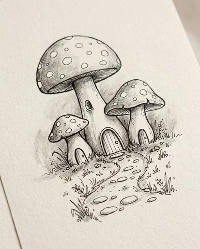 Whimsical Mushroom Village Fineliner Sketch on Paper