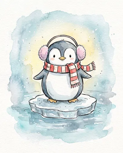 Cute Watercolor Penguin on Ice Floe