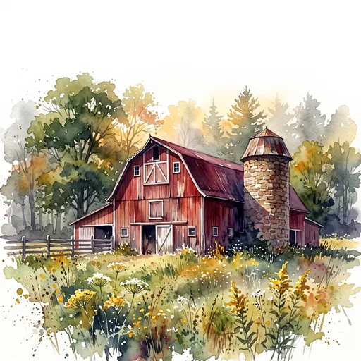 Watercolor Red Barn and Stone Silo