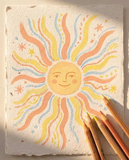 Whimsical Pastel Sun Drawing on Textured Paper