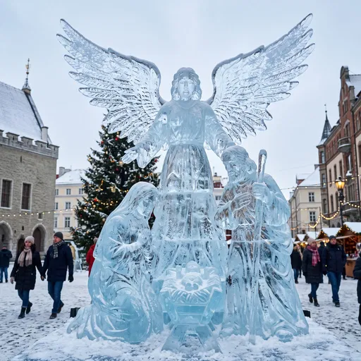 Ice Sculpture Nativity Scene in Winter Square