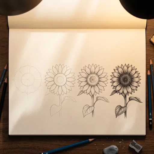 Four Stages of Sunflower Pencil Sketch