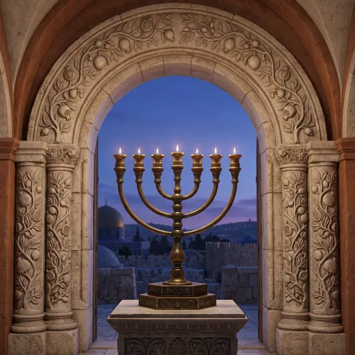 Lit Bronze Menorah Under Carved Stone Archway