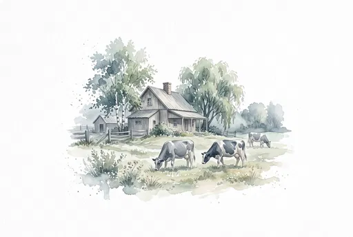 Watercolor Farmhouse and Grazing Dairy Cows