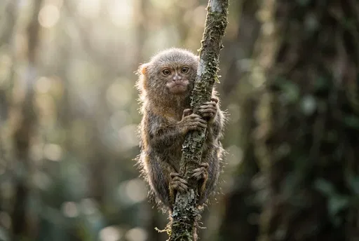 Tiny Pygmy Marmoset Clinging to Mossy Branch