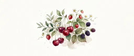 Botanical Watercolor Cluster of Cherries and Berries