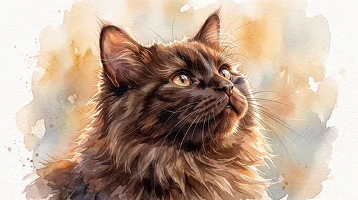 Watercolor Fluffy Brown Cat Portrait