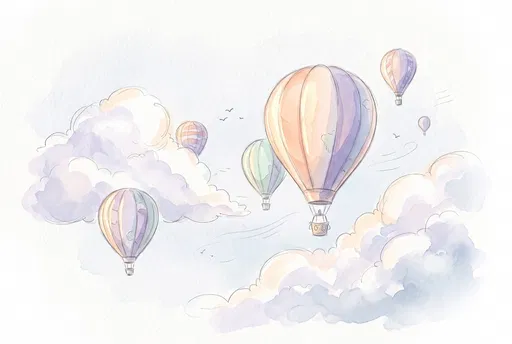 Pastel Watercolor Hot Air Balloons in Clouds