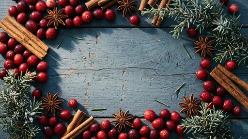Holiday Spices and Cranberries Frame on Wood