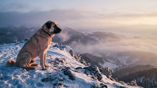 Turkish Kangal Dog on Snowy Mountain Ridge