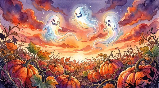 Watercolor Ghosts Floating Over Pumpkin Patch