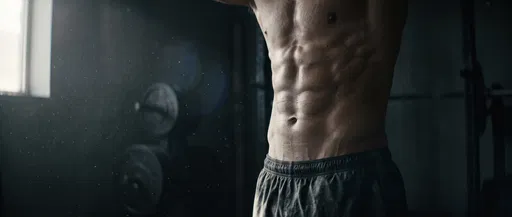 Muscular Athlete Midsection in Dim Gym