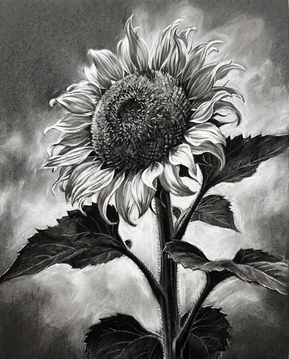 Monochrome Charcoal Drawing of a Sunflower