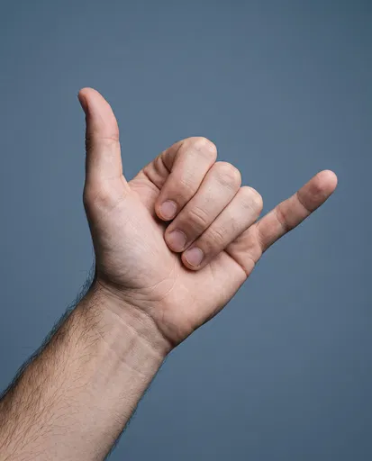 Hand Making Shaka Sign on Blue